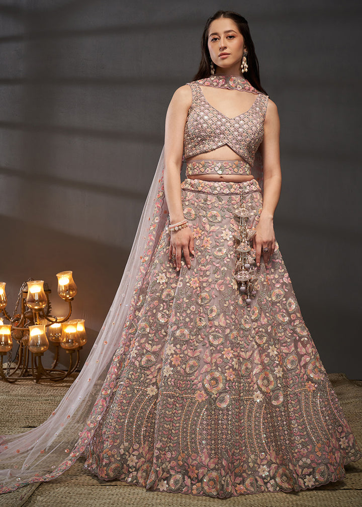 Mauve Rose Pink Net Lehenga Choli with Heavy Sequin Threadwork, Floral Embroidery &amp; Embellished Belt