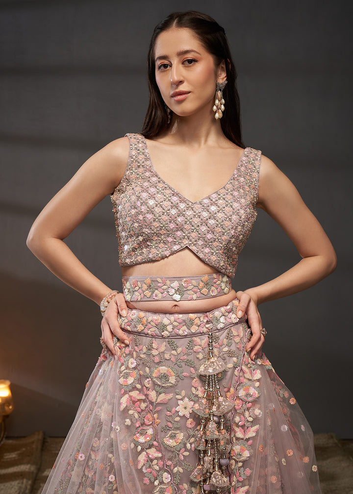 Mauve Rose Pink Net Lehenga Choli with Heavy Sequin Threadwork, Floral Embroidery &amp; Embellished Belt
