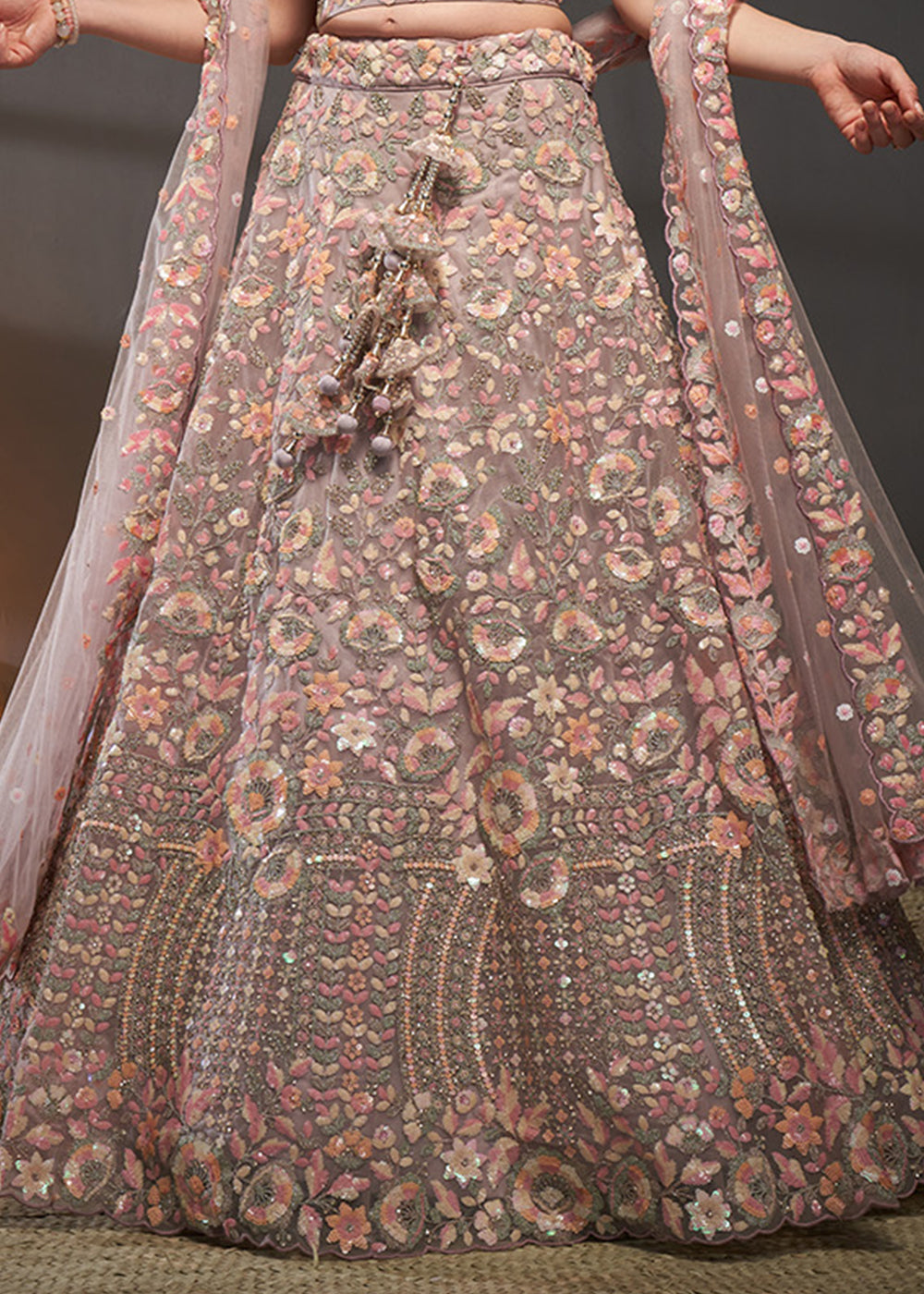 Mauve Rose Pink Net Lehenga Choli with Heavy Sequin Threadwork, Floral Embroidery &amp; Embellished Belt
