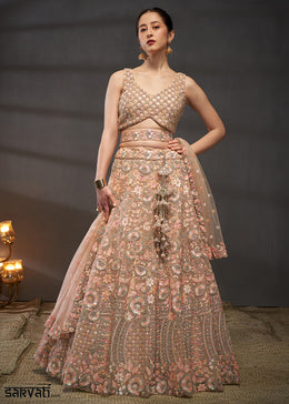 Creamy Peach Net Lehenga Choli with Heavy Sequin Threadwork, Floral Embroidery & Embellished Belt