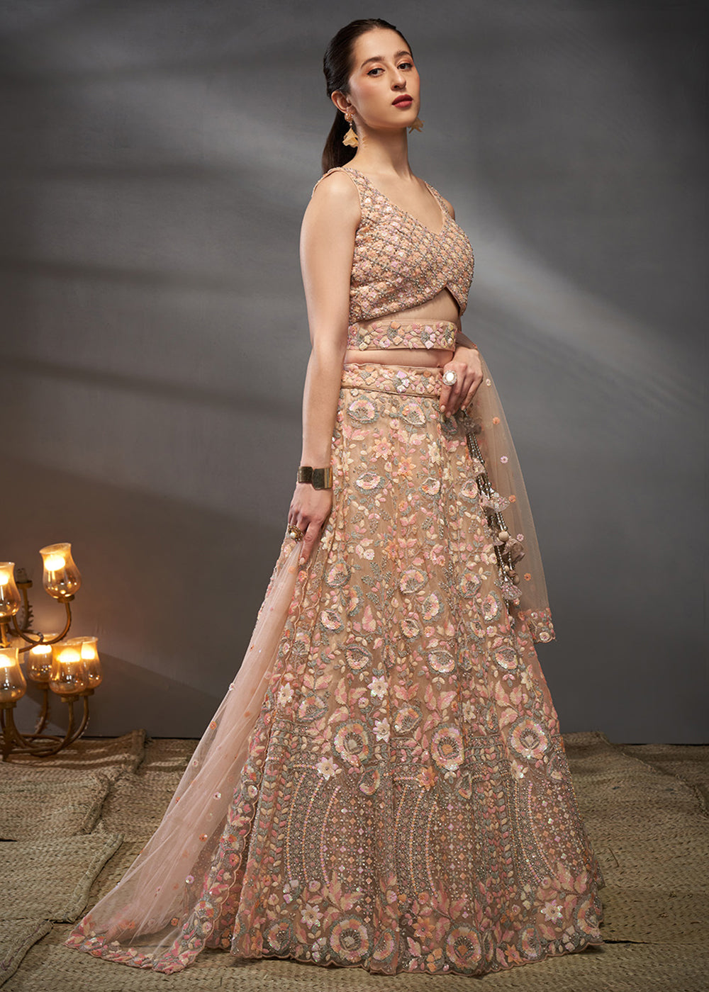 Creamy Peach Net Lehenga Choli with Heavy Sequin Threadwork, Floral Embroidery &amp; Embellished Belt