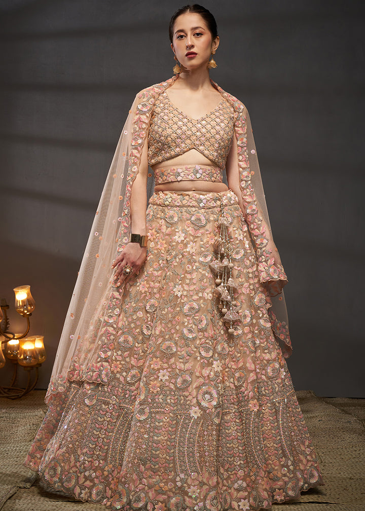 Creamy Peach Net Lehenga Choli with Heavy Sequin Threadwork, Floral Embroidery &amp; Embellished Belt