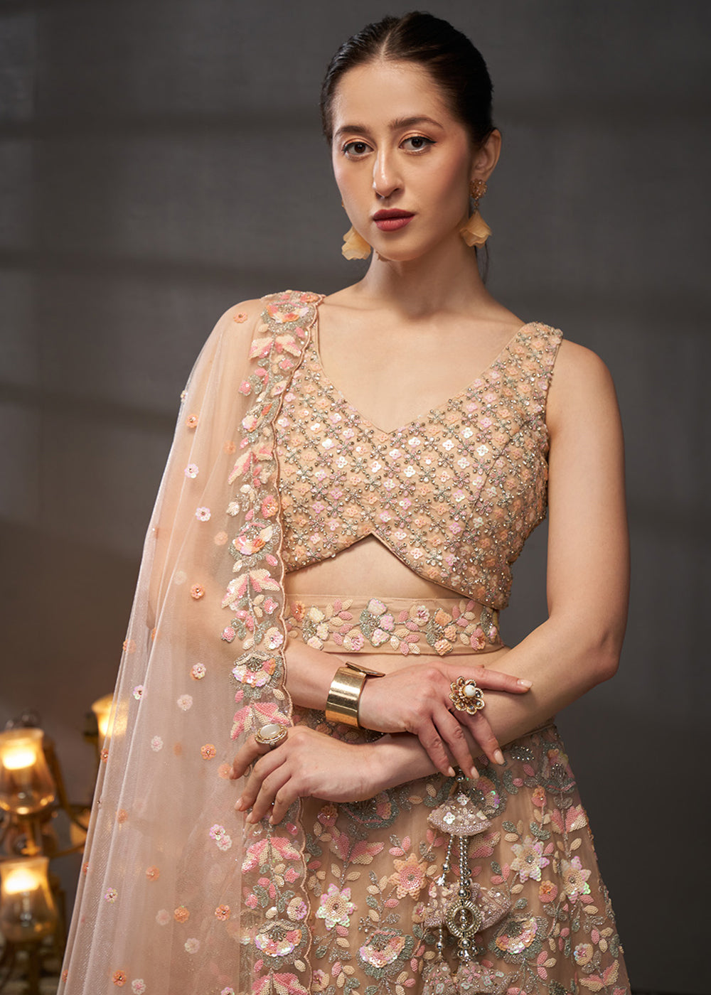 Creamy Peach Net Lehenga Choli with Heavy Sequin Threadwork, Floral Embroidery &amp; Embellished Belt