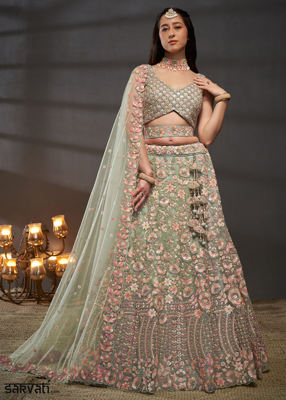 Sage Green Net Lehenga Choli with Heavy Floral Embroidery, Sequin Work &amp; Embellished Belt