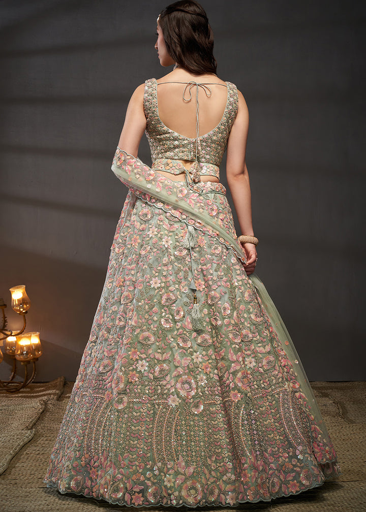 Sage Green Net Lehenga Choli with Heavy Floral Embroidery, Sequin Work &amp; Embellished Belt