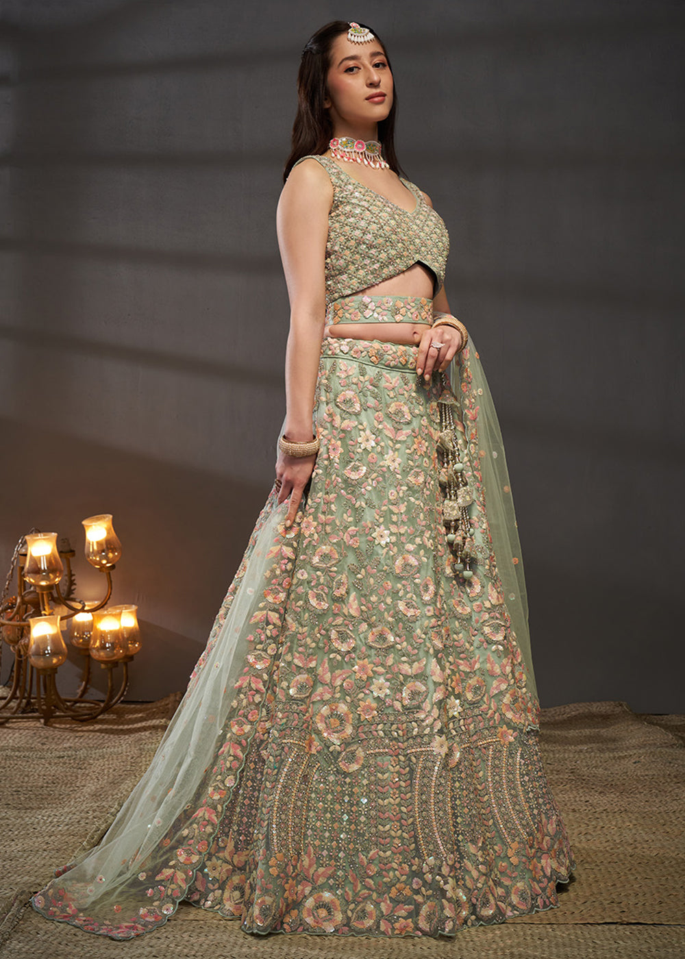 Sage Green Net Lehenga Choli with Heavy Floral Embroidery, Sequin Work &amp; Embellished Belt