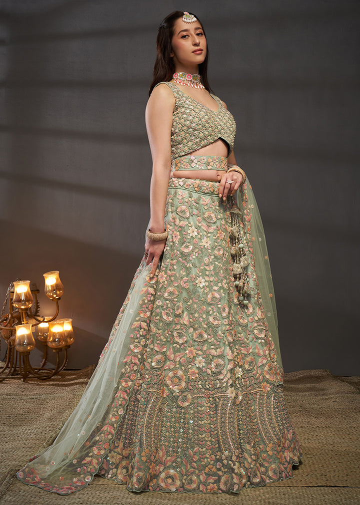 Sage Green Net Lehenga Choli with Heavy Floral Embroidery, Sequin Work &amp; Embellished Belt