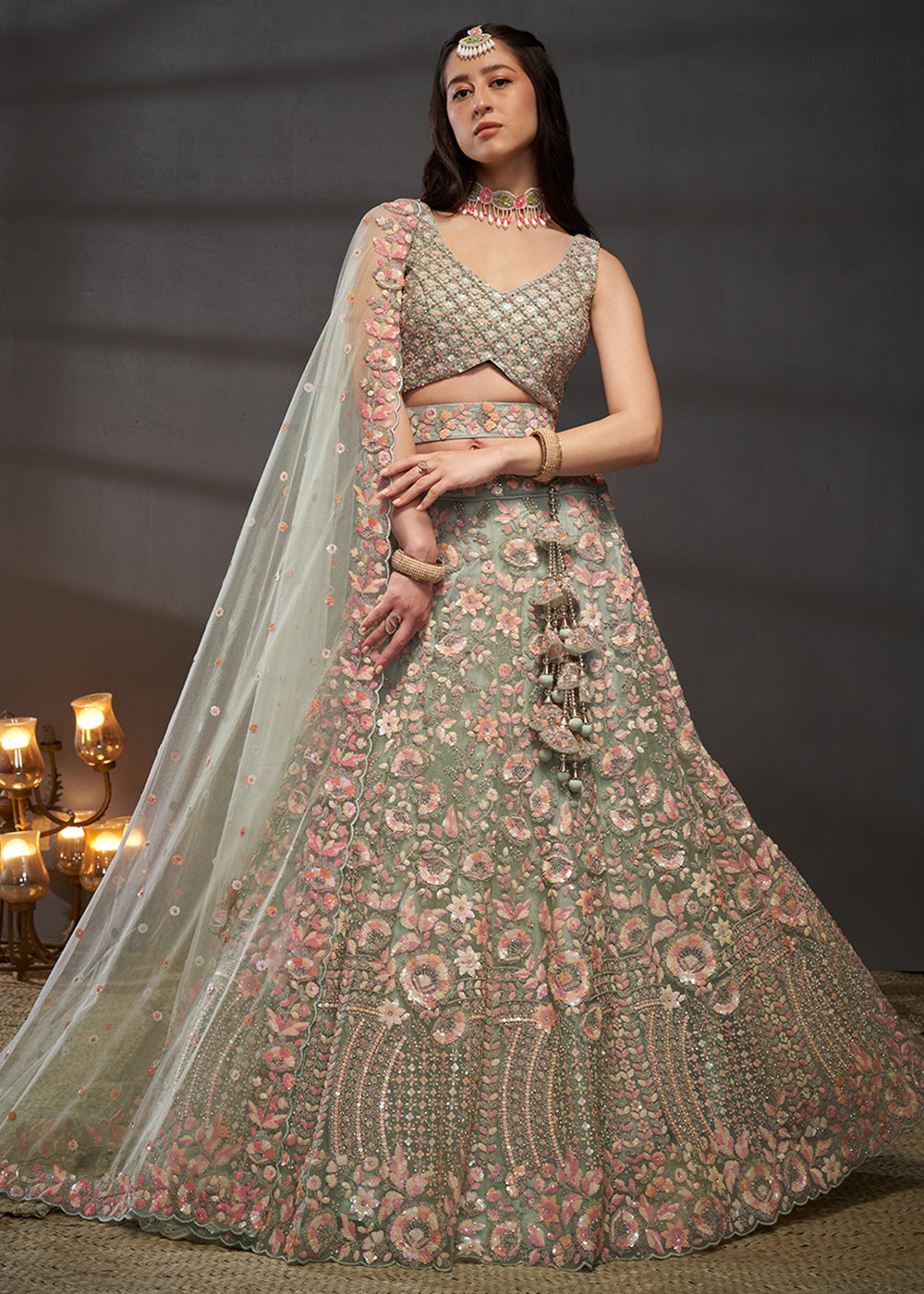 Sage Green Net Lehenga Choli with Heavy Floral Embroidery, Sequin Work &amp; Embellished Belt