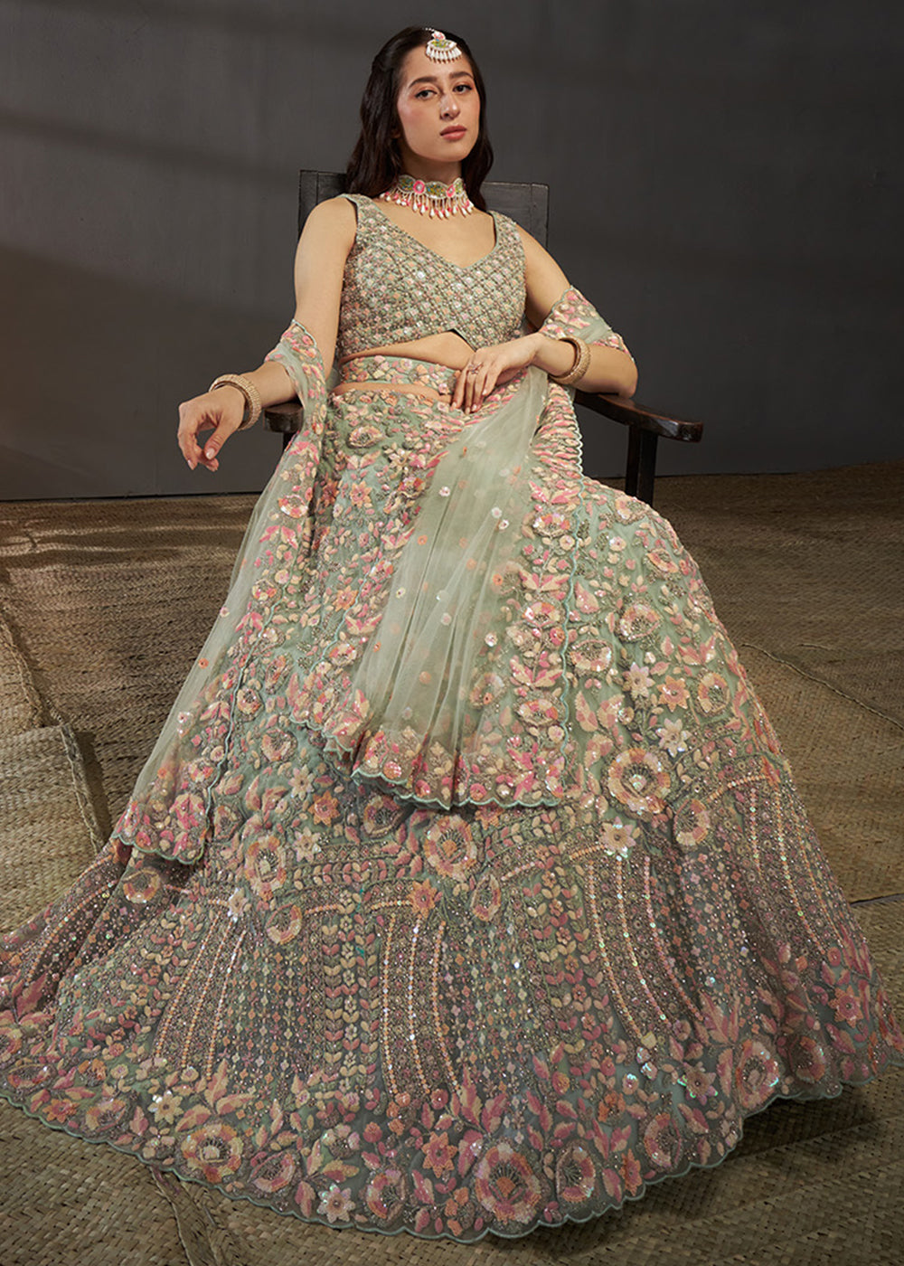 Sage Green Net Lehenga Choli with Heavy Floral Embroidery, Sequin Work &amp; Embellished Belt