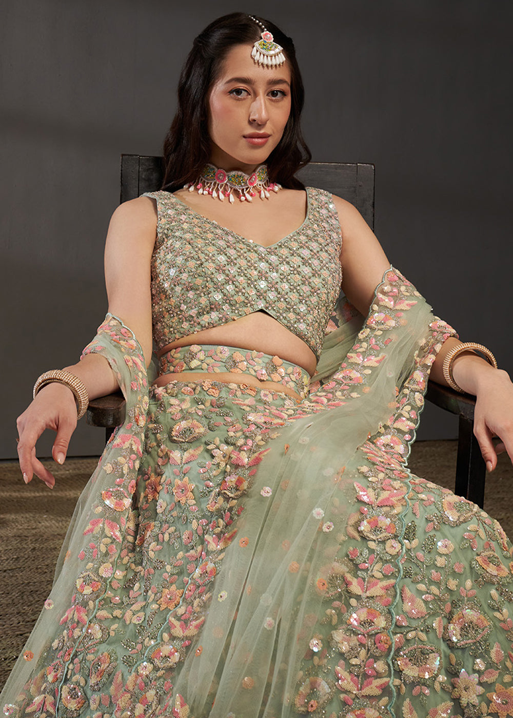Sage Green Net Lehenga Choli with Heavy Floral Embroidery, Sequin Work &amp; Embellished Belt