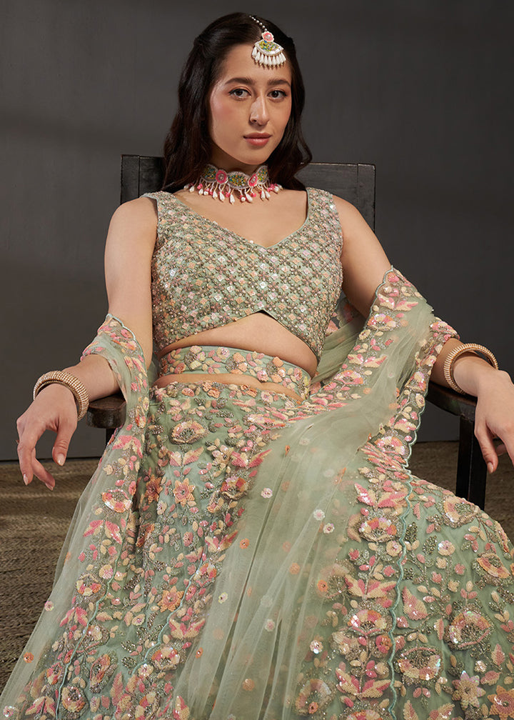 Sage Green Net Lehenga Choli with Heavy Floral Embroidery, Sequin Work &amp; Embellished Belt