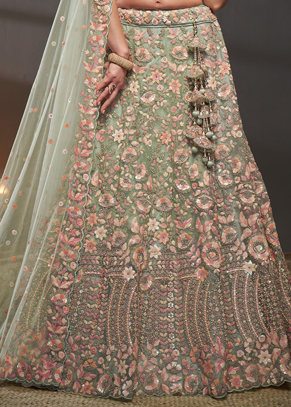 Sage Green Net Lehenga Choli with Heavy Floral Embroidery, Sequin Work &amp; Embellished Belt