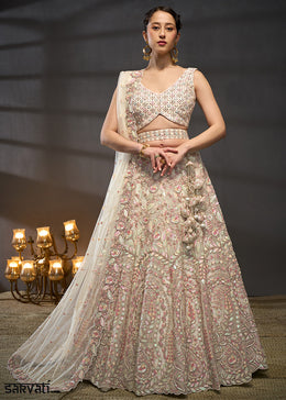 Ivory White Net Lehenga Choli with Heavy Coding Thread Embroidery, Sequin Work & Embellished Belt