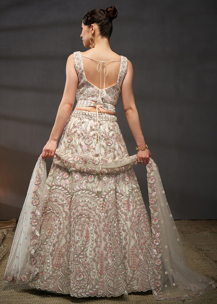 Ivory White Net Lehenga Choli with Heavy Coding Thread Embroidery, Sequin Work &amp; Embellished Belt