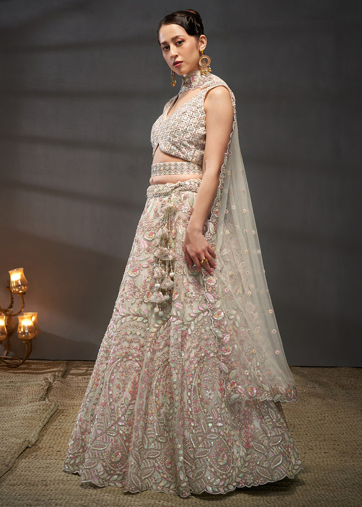 Ivory White Net Lehenga Choli with Heavy Coding Thread Embroidery, Sequin Work &amp; Embellished Belt