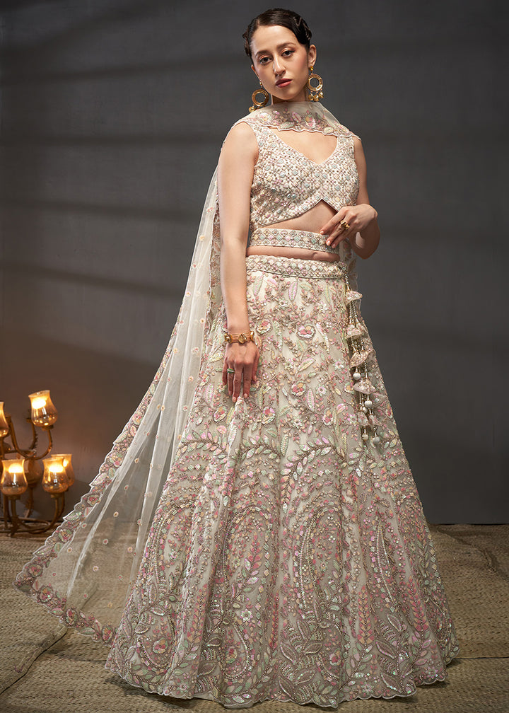 Ivory White Net Lehenga Choli with Heavy Coding Thread Embroidery, Sequin Work &amp; Embellished Belt