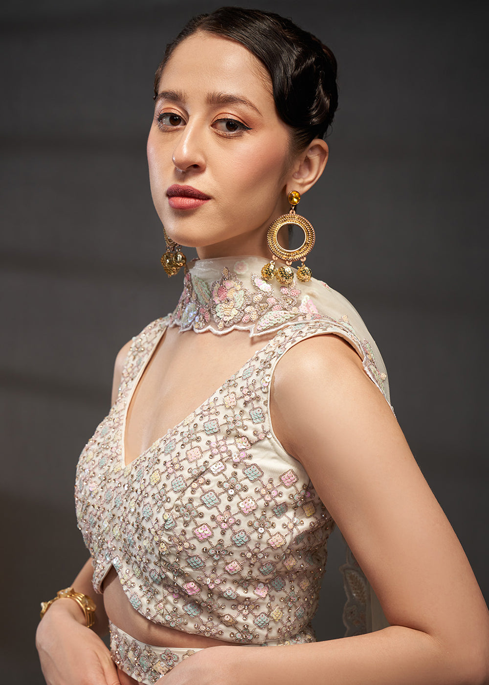 Ivory White Net Lehenga Choli with Heavy Coding Thread Embroidery, Sequin Work &amp; Embellished Belt