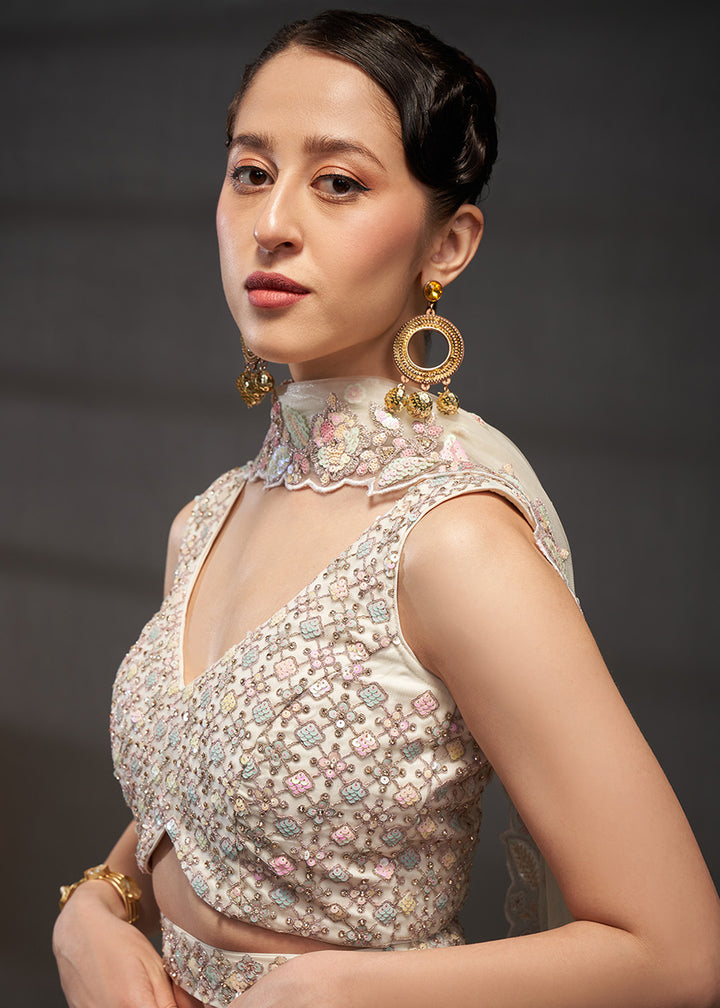 Ivory White Net Lehenga Choli with Heavy Coding Thread Embroidery, Sequin Work &amp; Embellished Belt