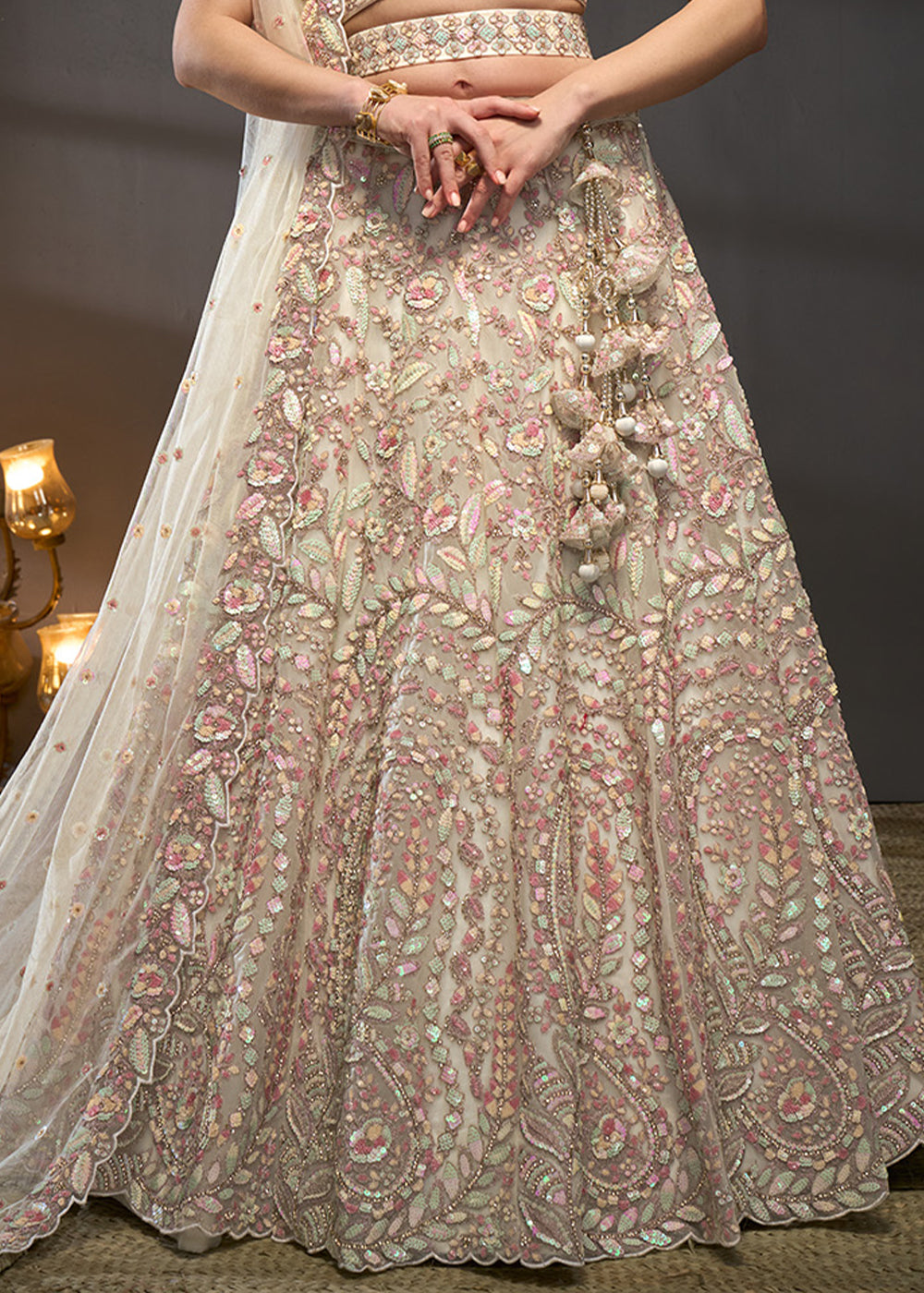 Ivory White Net Lehenga Choli with Heavy Coding Thread Embroidery, Sequin Work &amp; Embellished Belt