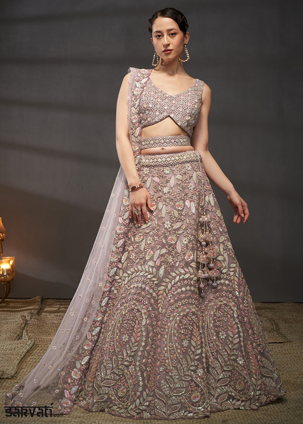 Dusty Mauve Purple Net Lehenga Choli with Heavy Coding Thread Embroidery, Sequin Work &amp; Embellished Belt