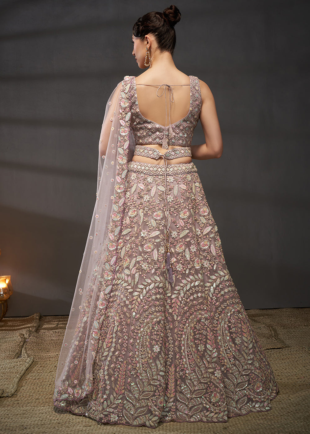 Dusty Mauve Purple Net Lehenga Choli with Heavy Coding Thread Embroidery, Sequin Work & Embellished Belt