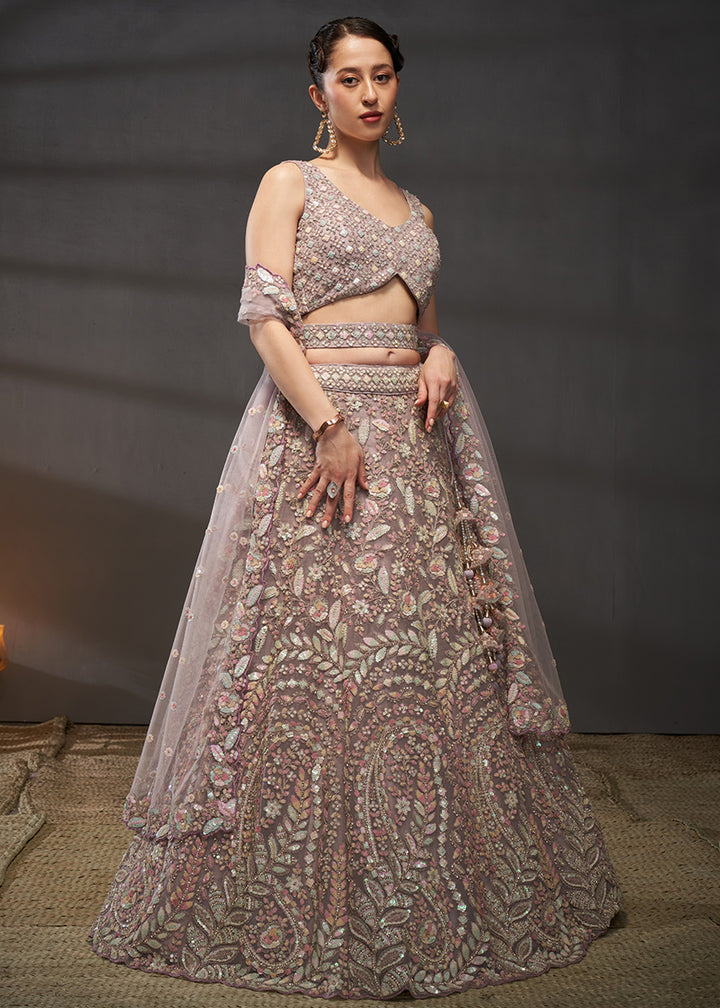 Dusty Mauve Purple Net Lehenga Choli with Heavy Coding Thread Embroidery, Sequin Work &amp; Embellished Belt