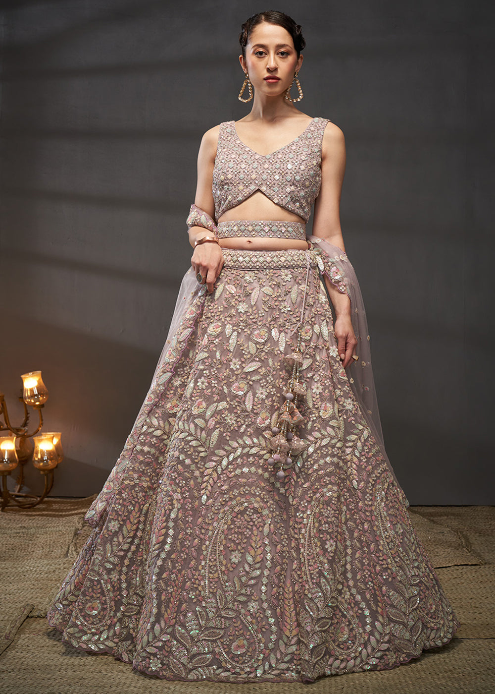 Dusty Mauve Purple Net Lehenga Choli with Heavy Coding Thread Embroidery, Sequin Work &amp; Embellished Belt
