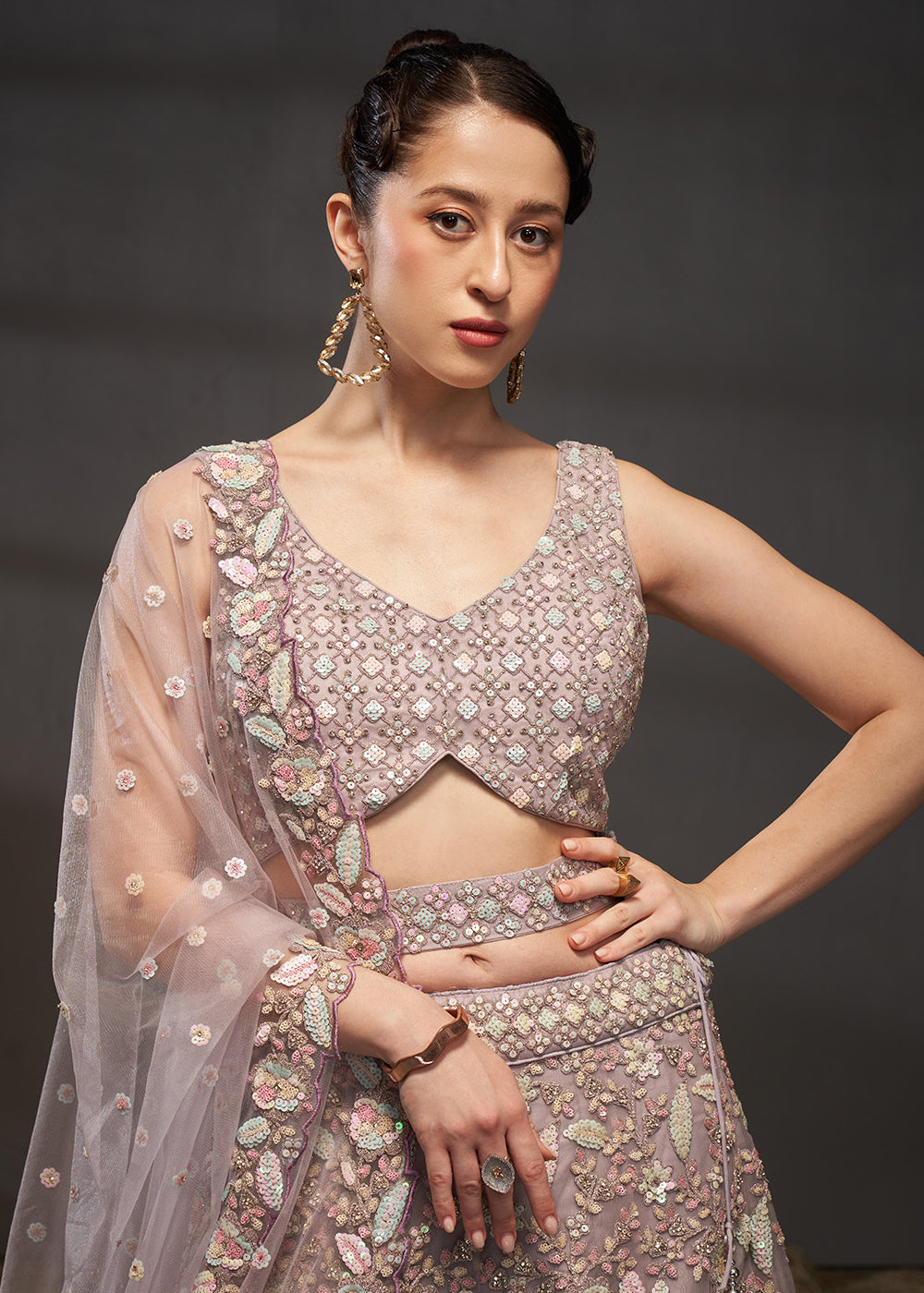 Dusty Mauve Purple Net Lehenga Choli with Heavy Coding Thread Embroidery, Sequin Work &amp; Embellished Belt