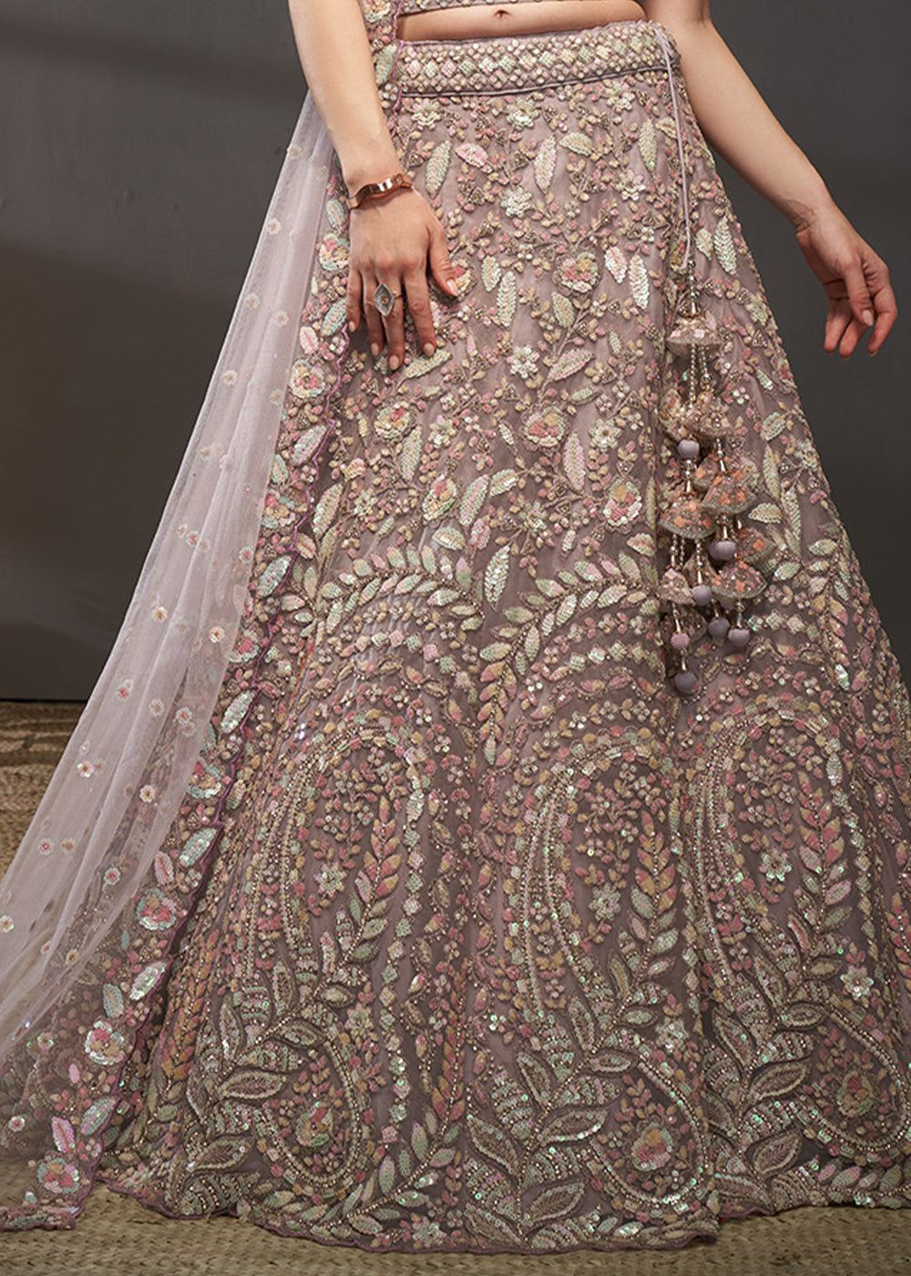 Dusty Mauve Purple Net Lehenga Choli with Heavy Coding Thread Embroidery, Sequin Work &amp; Embellished Belt