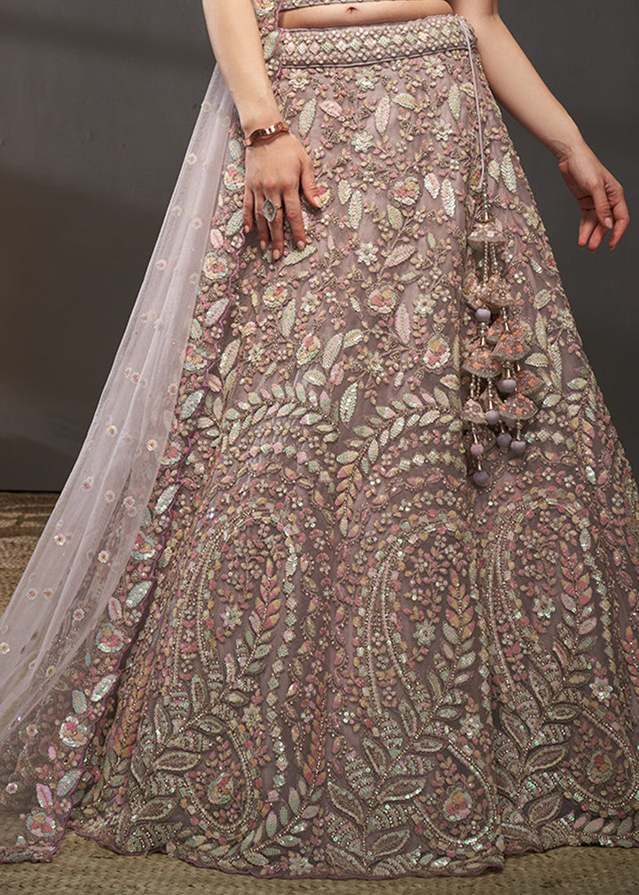 Dusty Mauve Purple Net Lehenga Choli with Heavy Coding Thread Embroidery, Sequin Work &amp; Embellished Belt