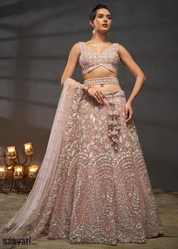 Dusty Rose Pink Net Lehenga Choli with Heavy Coding Thread Embroidery, Sequin Work & Embellished Belt