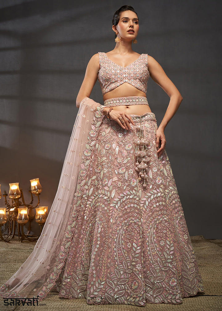 Dusty Rose Pink Net Lehenga Choli with Heavy Coding Thread Embroidery, Sequin Work &amp; Embellished Belt