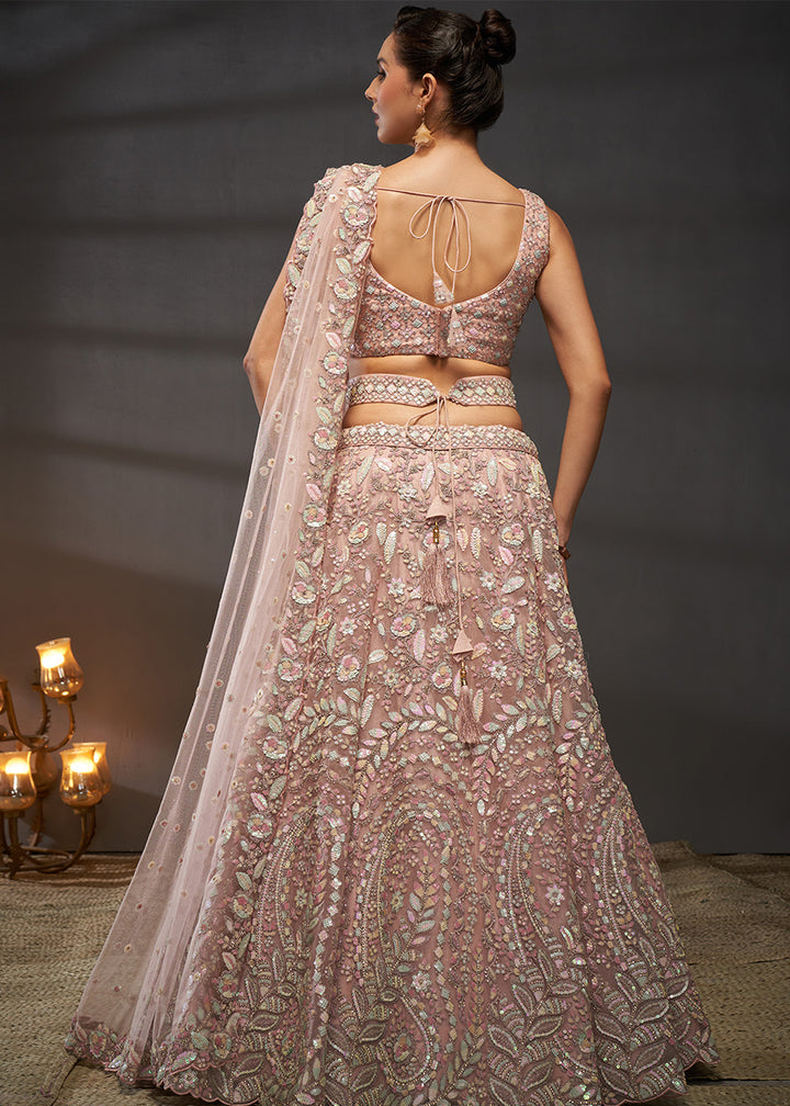 Dusty Rose Pink Net Lehenga Choli with Heavy Coding Thread Embroidery, Sequin Work &amp; Embellished Belt