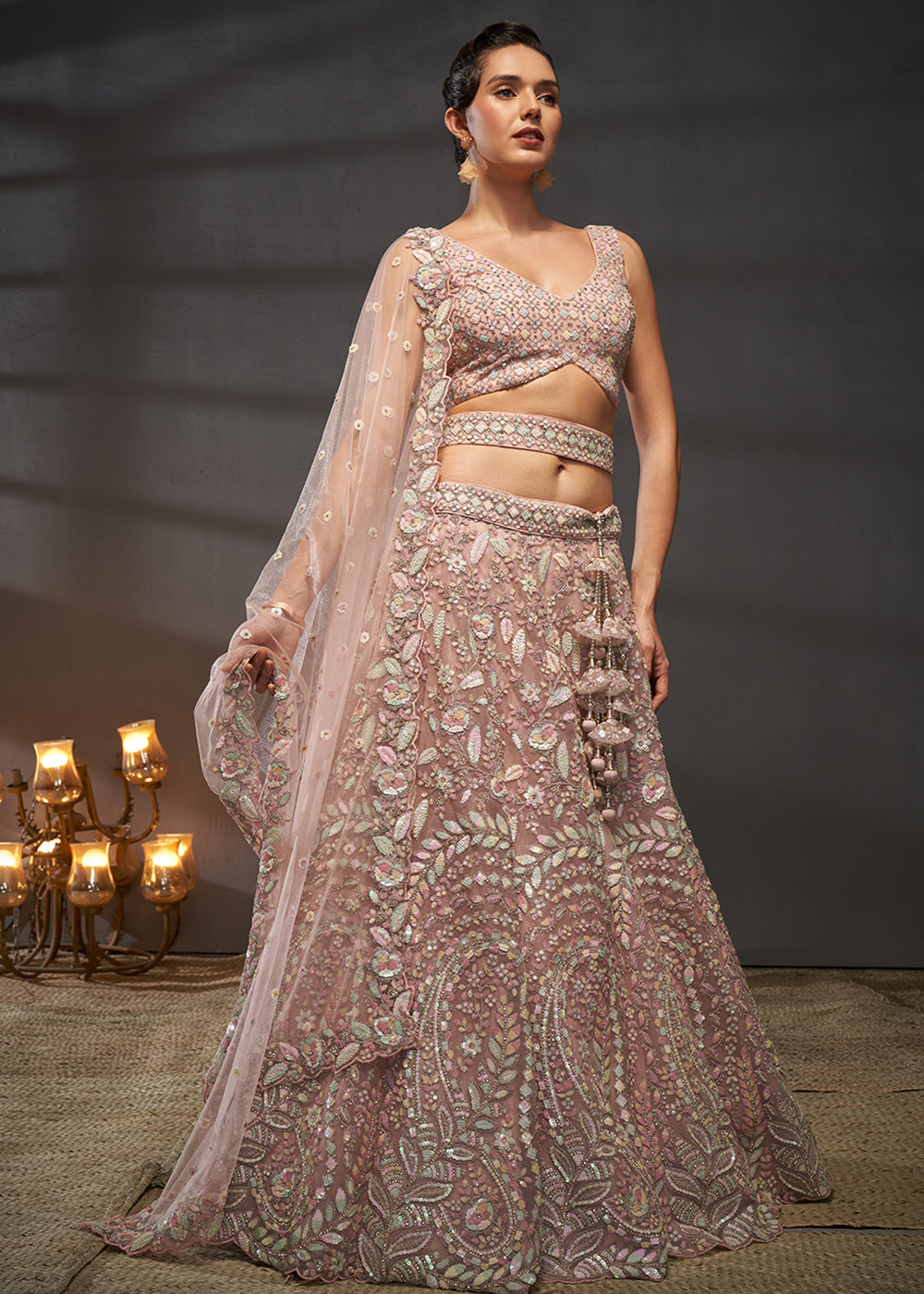 Dusty Rose Pink Net Lehenga Choli with Heavy Coding Thread Embroidery, Sequin Work &amp; Embellished Belt