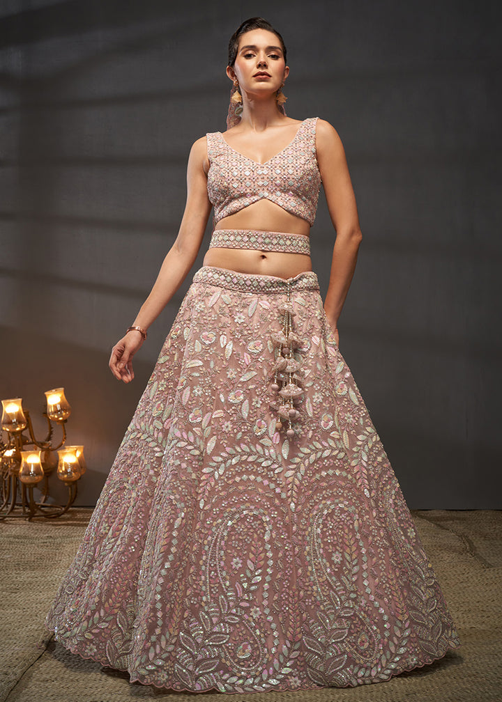 Dusty Rose Pink Net Lehenga Choli with Heavy Coding Thread Embroidery, Sequin Work &amp; Embellished Belt
