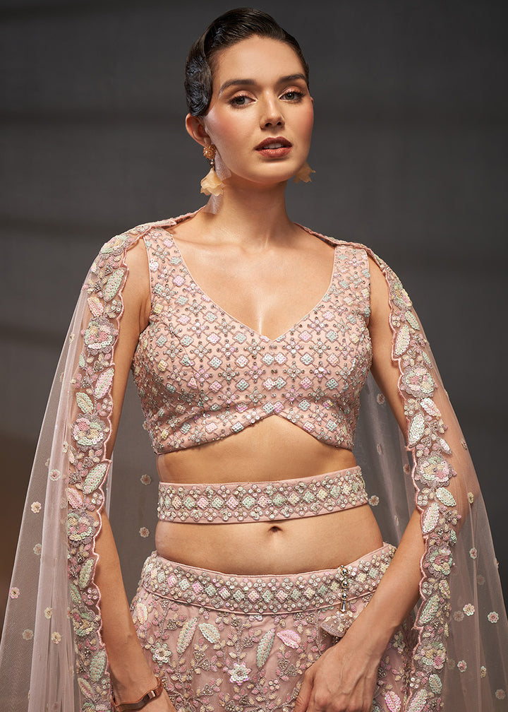 Dusty Rose Pink Net Lehenga Choli with Heavy Coding Thread Embroidery, Sequin Work &amp; Embellished Belt