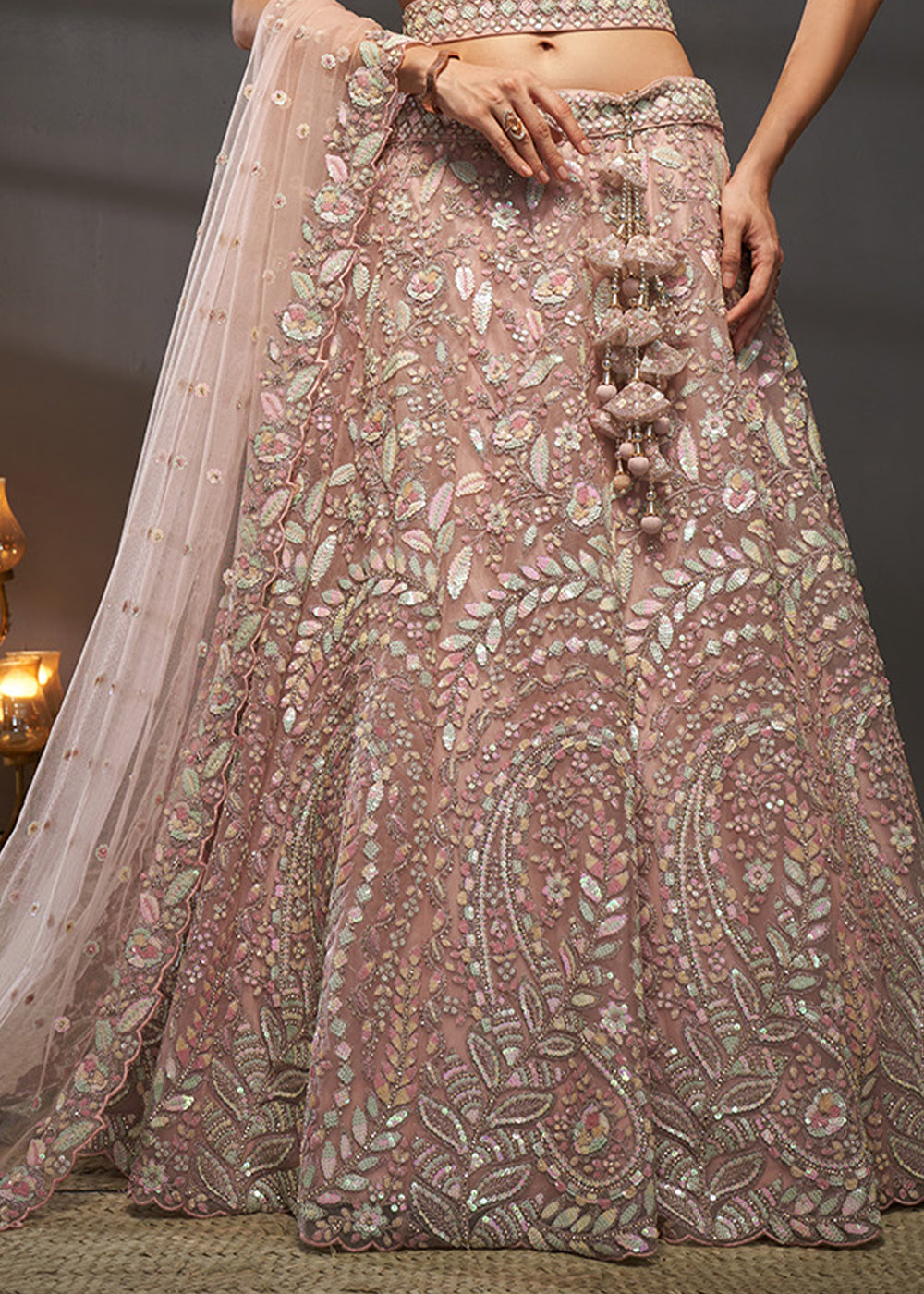 Dusty Rose Pink Net Lehenga Choli with Heavy Coding Thread Embroidery, Sequin Work &amp; Embellished Belt