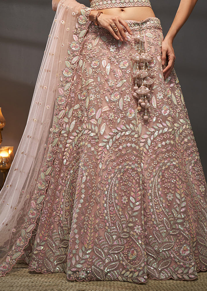 Dusty Rose Pink Net Lehenga Choli with Heavy Coding Thread Embroidery, Sequin Work &amp; Embellished Belt