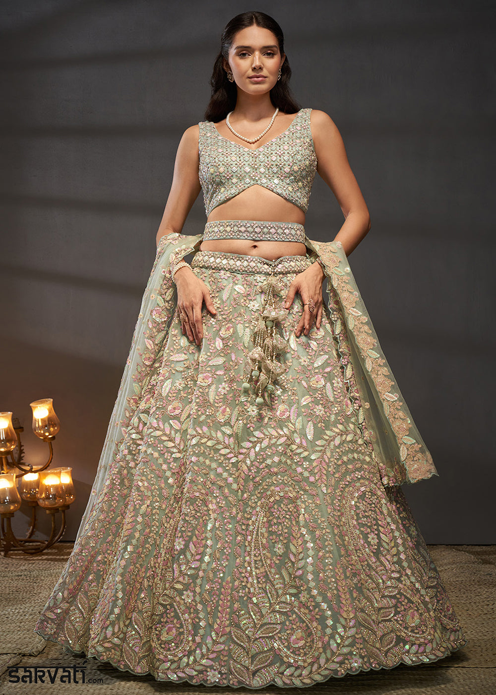 Sage Green Net Lehenga Choli with Heavy Coding Thread Embroidery, Sequin Work &amp; Embellished Belt