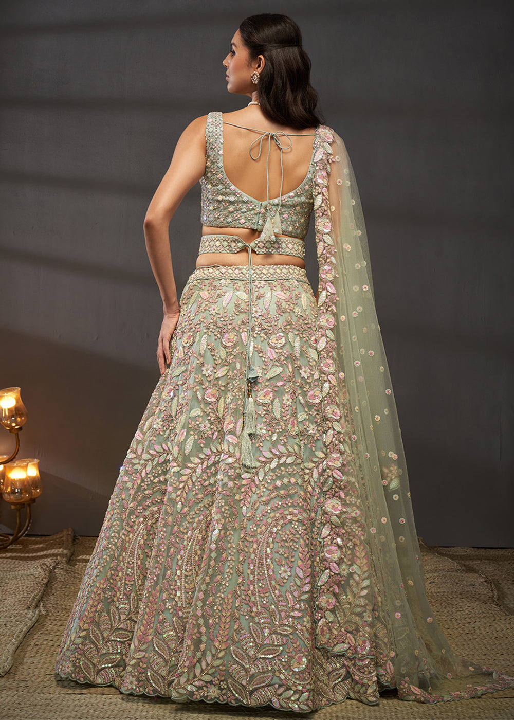 Sage Green Net Lehenga Choli with Heavy Coding Thread Embroidery, Sequin Work & Embellished Belt