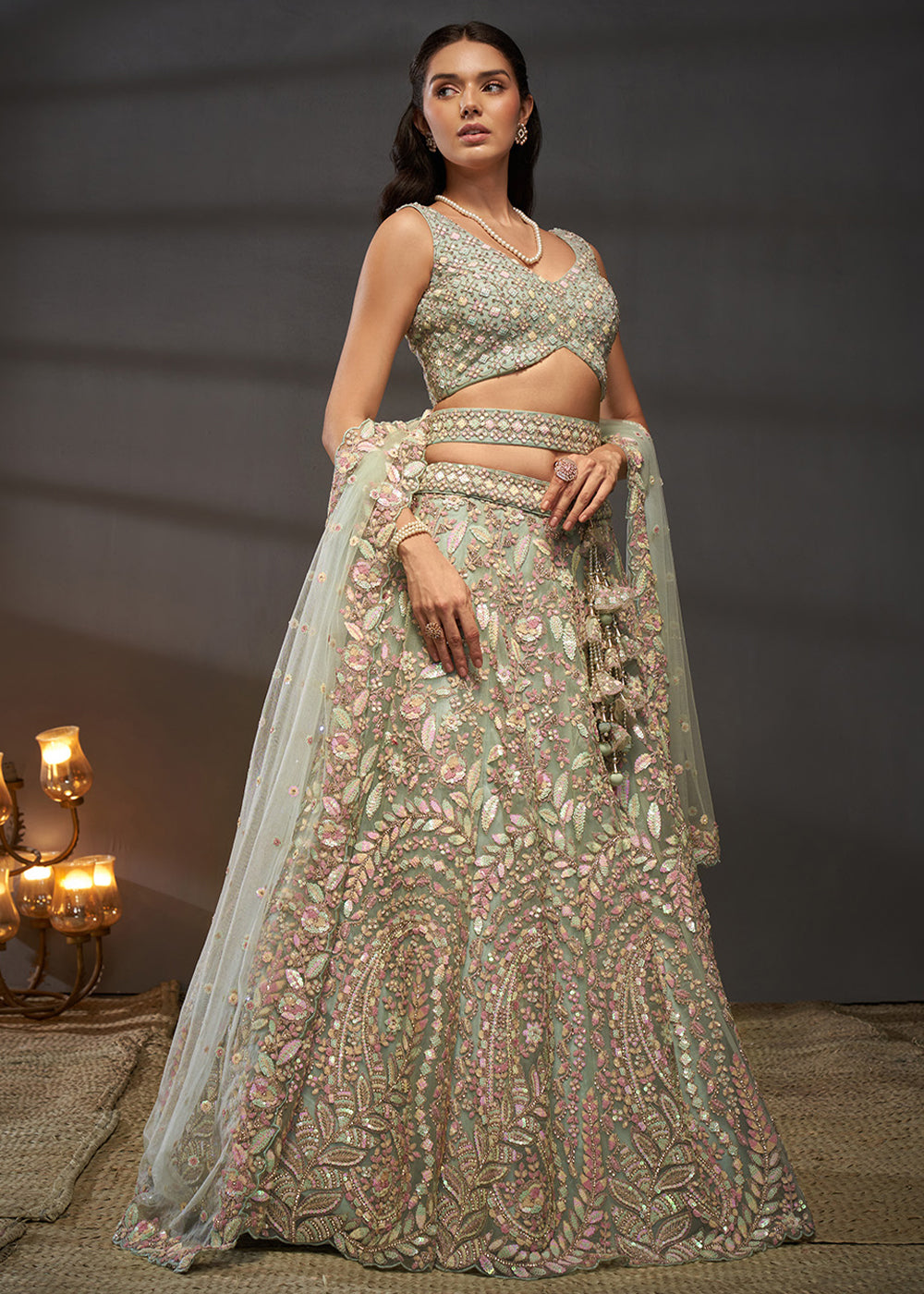 Sage Green Net Lehenga Choli with Heavy Coding Thread Embroidery, Sequin Work &amp; Embellished Belt
