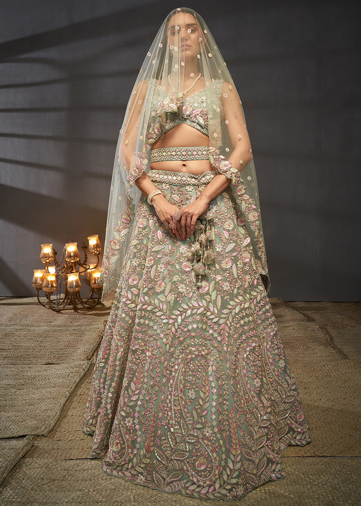 Sage Green Net Lehenga Choli with Heavy Coding Thread Embroidery, Sequin Work &amp; Embellished Belt