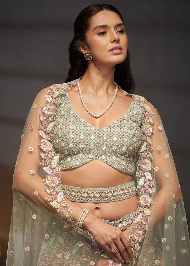 Sage Green Net Lehenga Choli with Heavy Coding Thread Embroidery, Sequin Work &amp; Embellished Belt