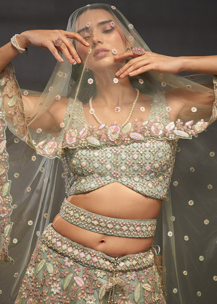 Sage Green Net Lehenga Choli with Heavy Coding Thread Embroidery, Sequin Work &amp; Embellished Belt