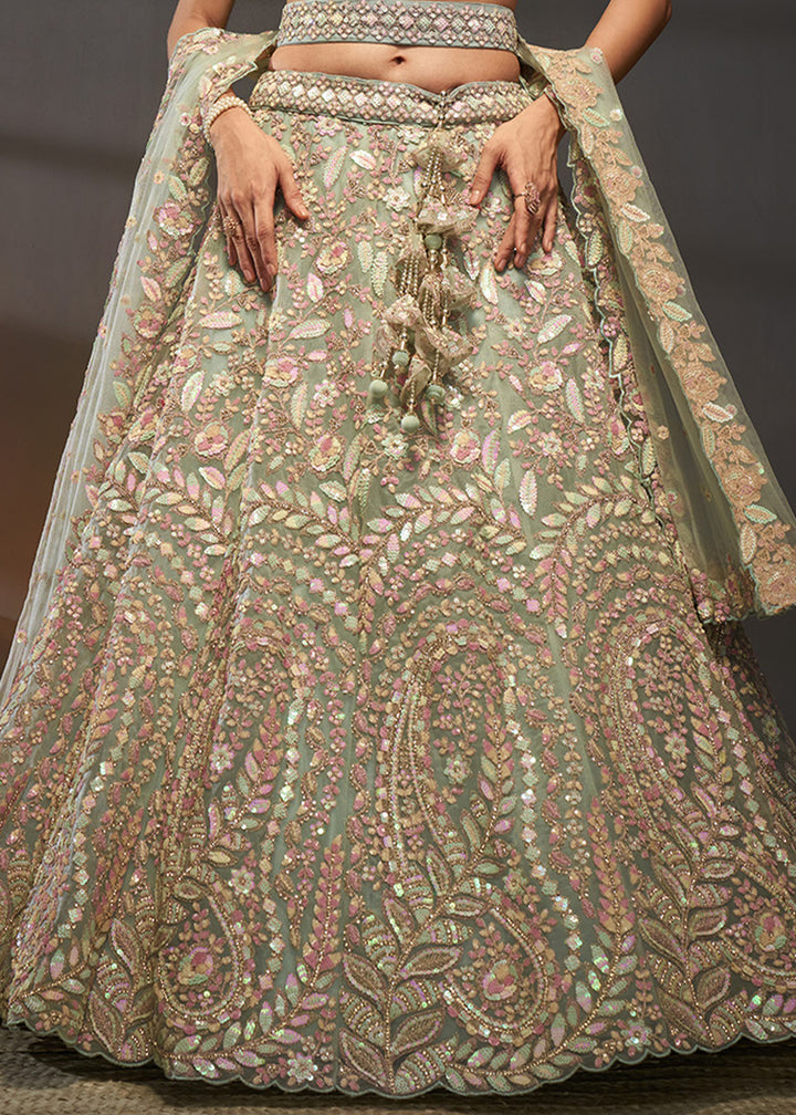 Sage Green Net Lehenga Choli with Heavy Coding Thread Embroidery, Sequin Work &amp; Embellished Belt