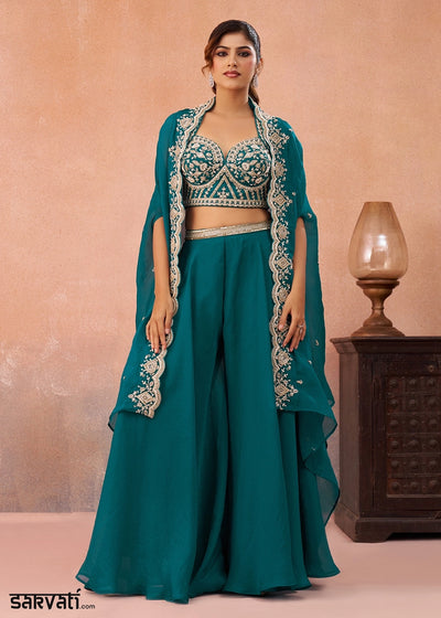Peacock Blue Organza Top & Palazzo Ensemble with Flared Cape