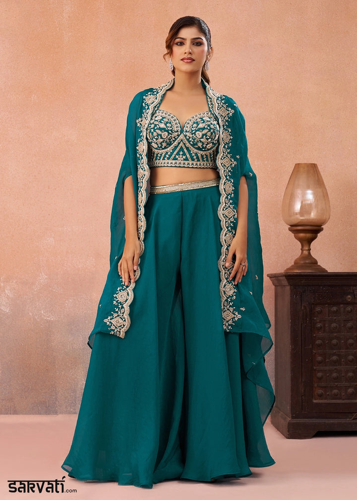 Peacock Blue Organza Top & Palazzo Ensemble with Flared Cape