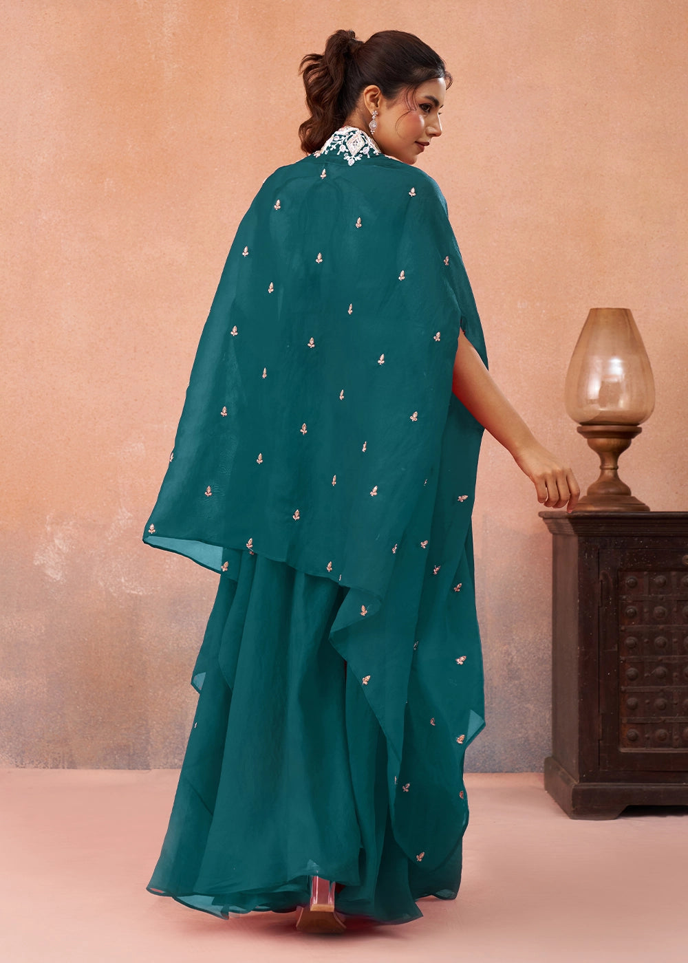 Peacock Blue Organza Top & Palazzo Ensemble with Flared Cape