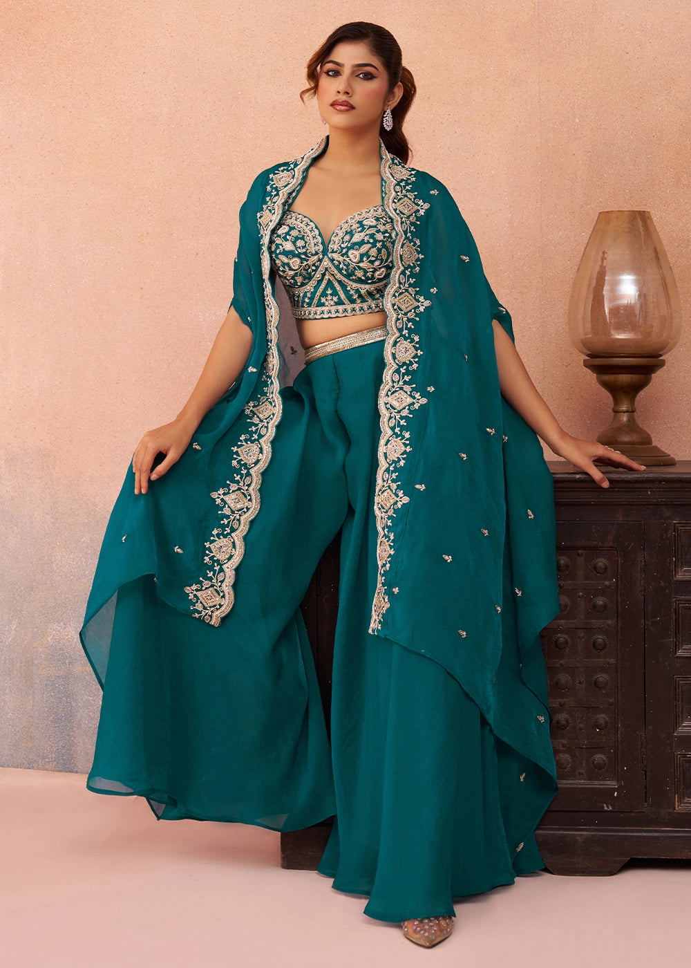 Peacock Blue Organza Top & Palazzo Ensemble with Flared Cape