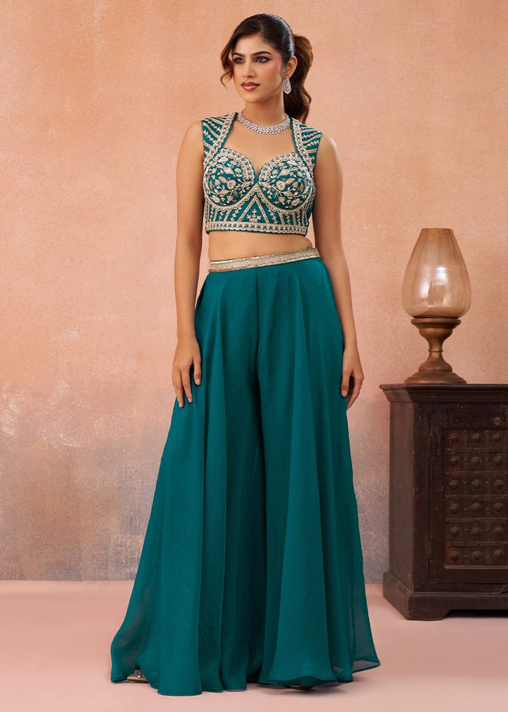 Peacock Blue Organza Top & Palazzo Ensemble with Flared Cape